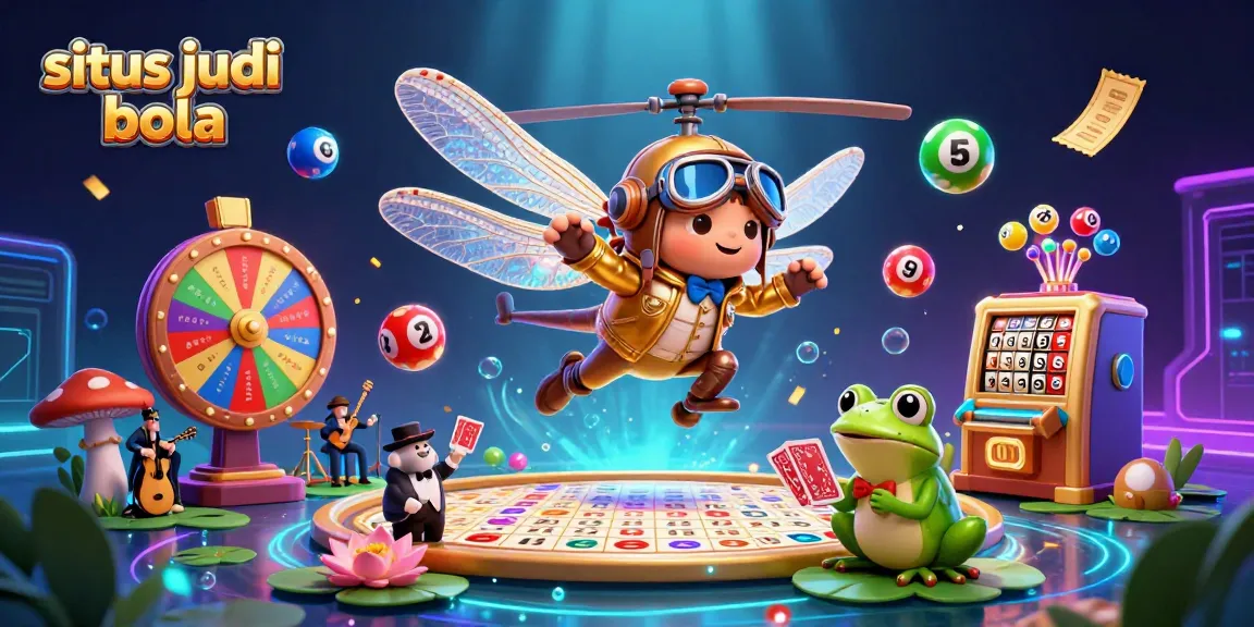 Situs judi bola showcases exciting gaming with a dragonfly pilot, frog croupier, and vibrant lottery elements.