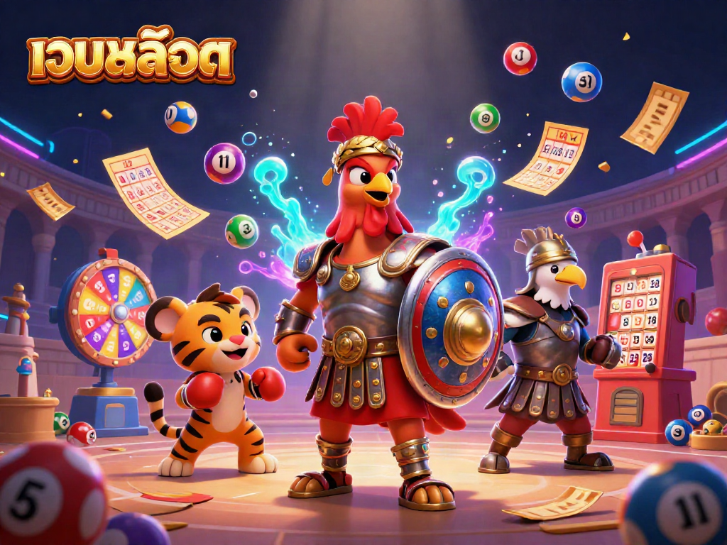 Experience winning thrills at เว็บสล็อต with vibrant lottery elements and engaging casino characters.