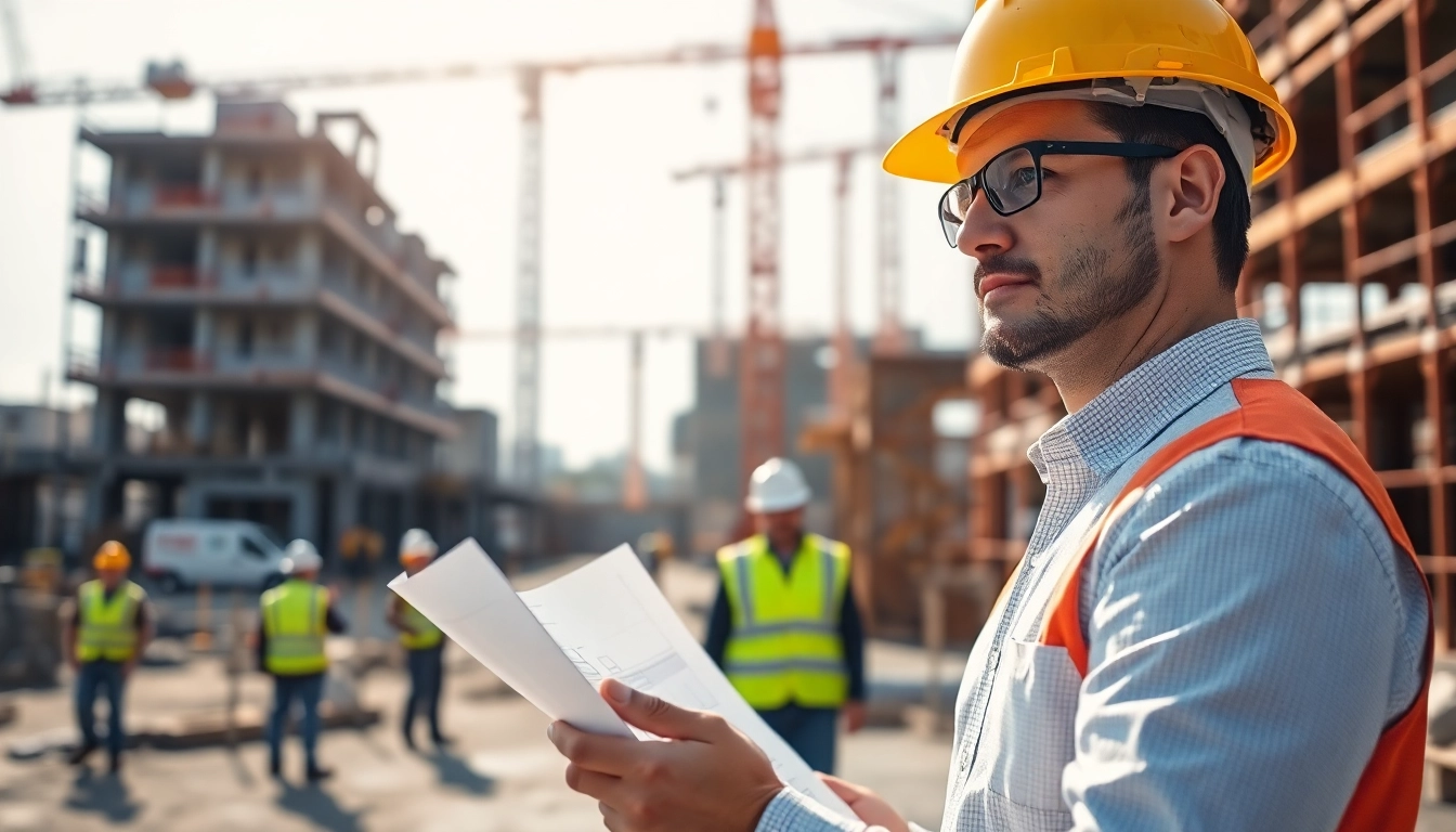 Showcasing Construction management training with a professional overseeing a bustling construction site.
