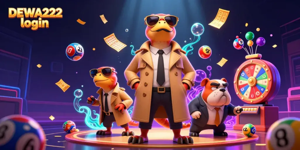 Experience the thrill of winning with DEWA222 login in a whimsical casino scene featuring raptors and a bulldog.