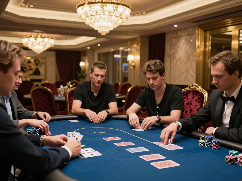 Cảnh M88 không bị chặn với gameplay căng thẳng trong một phòng poker sang trọng với người chơi và một tay thắng.