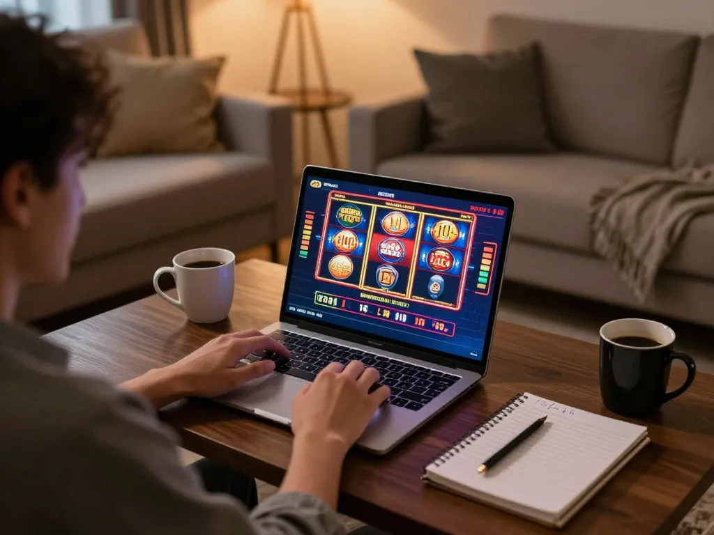 Player competing at w 88 online casino on laptop, surrounded by notes and coffee, engaging in strategic gaming.