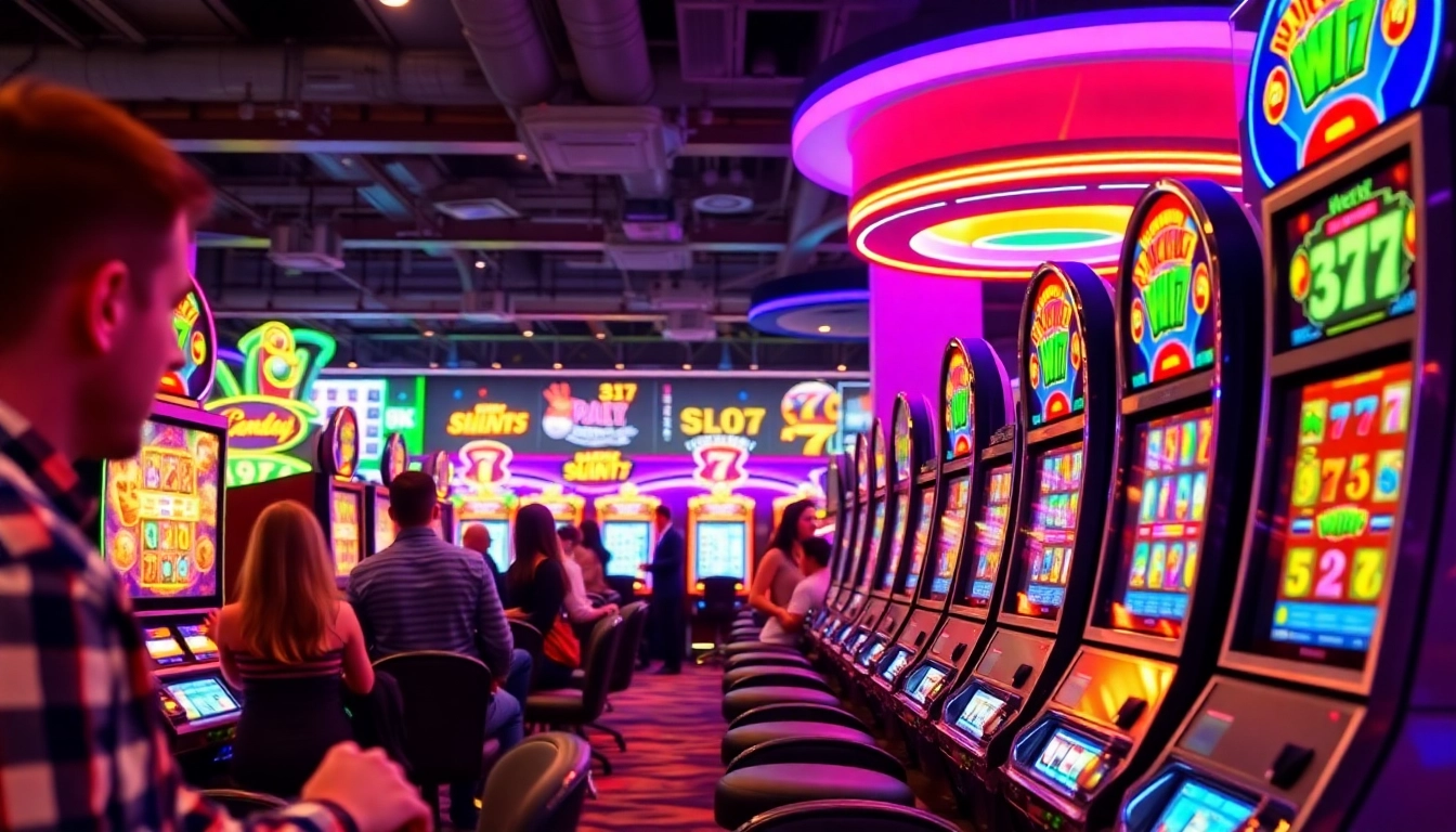 Permainan Slot77 menarik dengan pemain terlibat di mesin slot yang berwarna-warni.