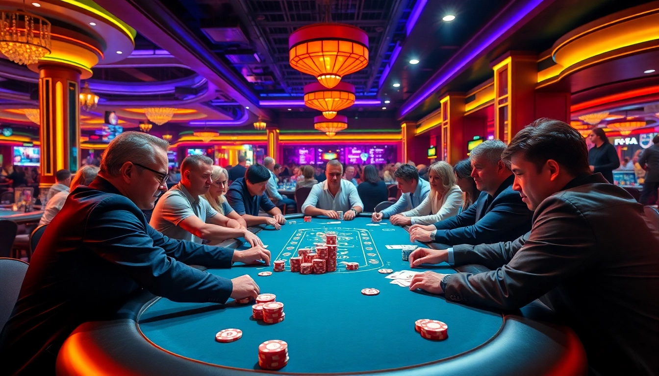 Interwin official menampilkan suasana kasino yang hidup dengan pemain poker terlibat dalam permainan.