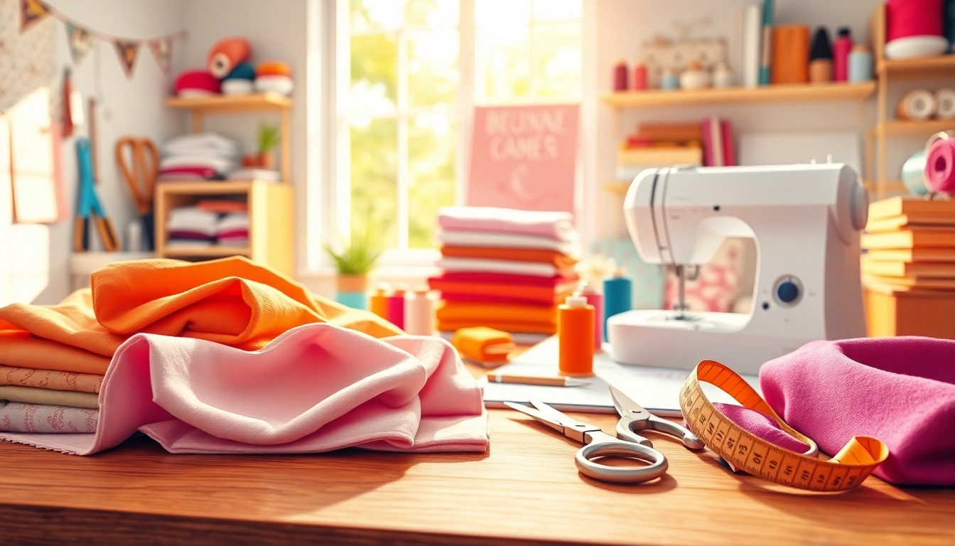 Stoffen voor naaien beginners met kleurrijke materialen en accessoires weergegeven.