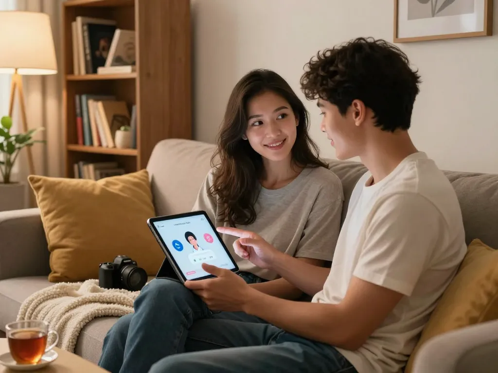 Engaging in intimate conversation via sex chat AI on a tablet in a cozy home.