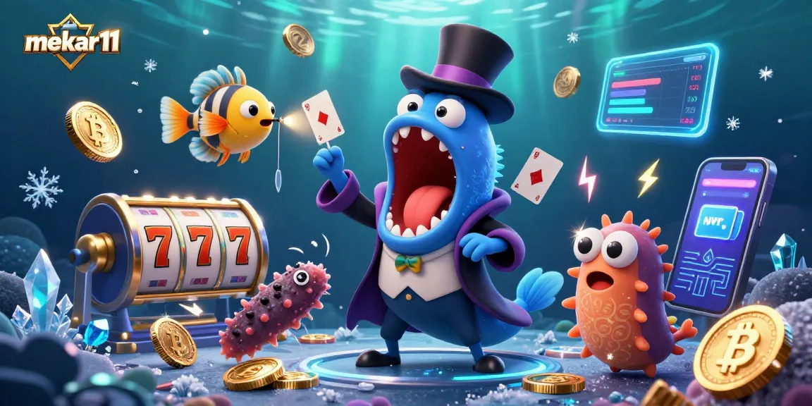 Mekar11 showcases a bioluminescent deep-sea eel performing magic tricks with slot reels and vibrant crypto elements.