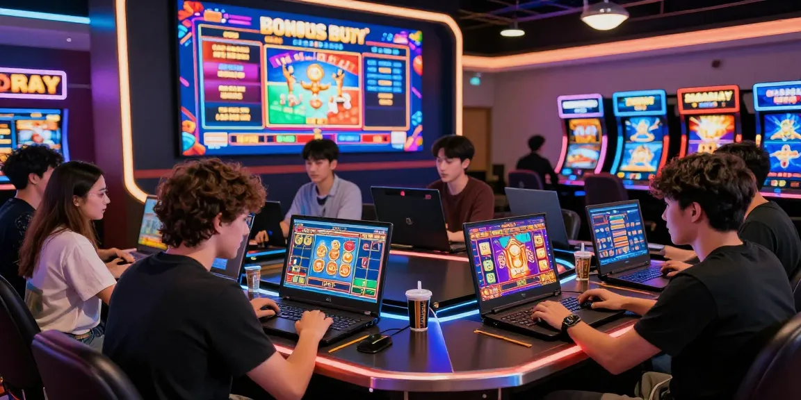Players enjoying bonus buy slots uk at a lively digital casino, vibrant atmosphere with colorful screens and excitement.