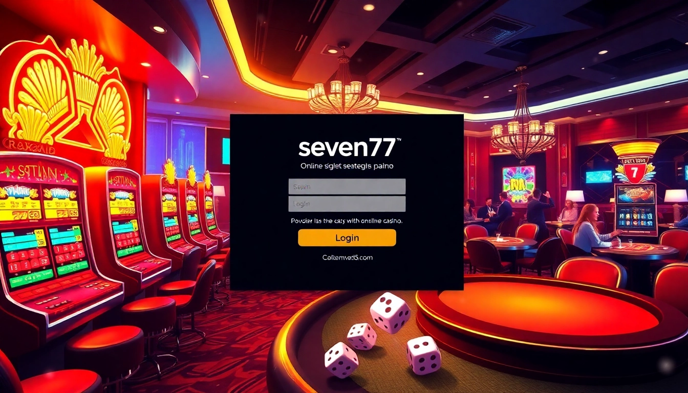 Exciting seven77 login interface with vibrant casino games and engaging players at slot machines.