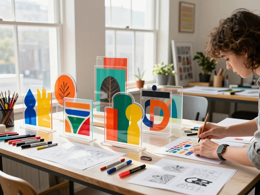 Custom acrylic standee production in a vibrant studio, featuring artist assembling colorful designs.
