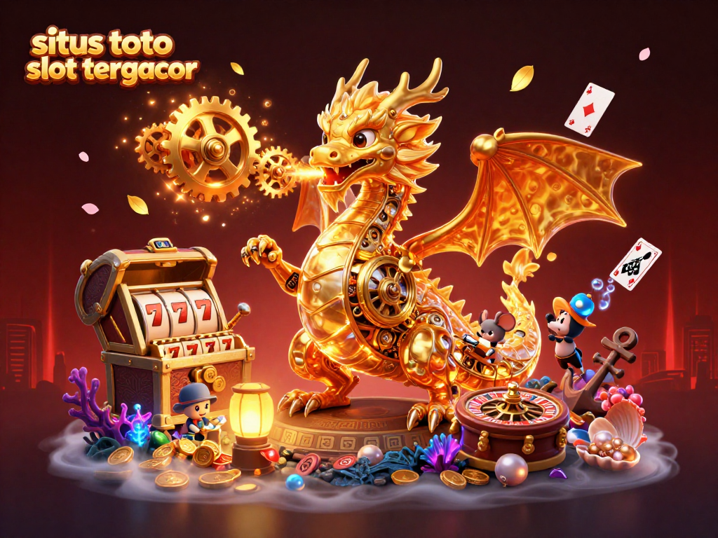 Win big at situs toto slot tergacor with thrilling spins and cartoon magic featuring golden dragons and slot machines.