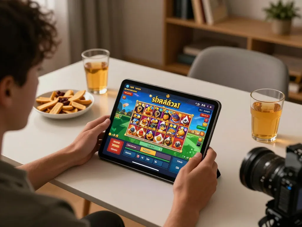 Engaging gaming session featuring สล็อตวอเลท on a tablet, snacks around, creating a cozy atmosphere.