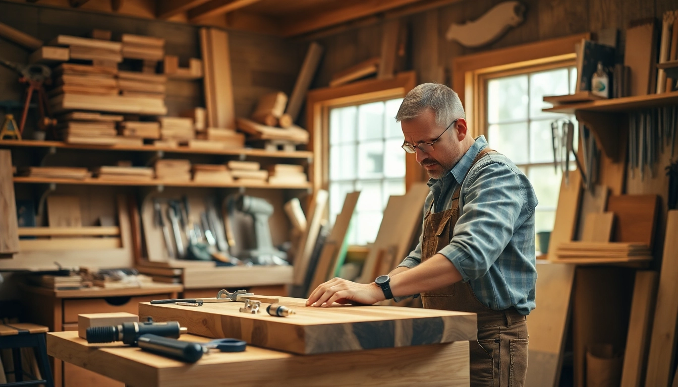 Engaging carpentry apprenticeship experience with a professional carpenter crafting in a sunny workshop.