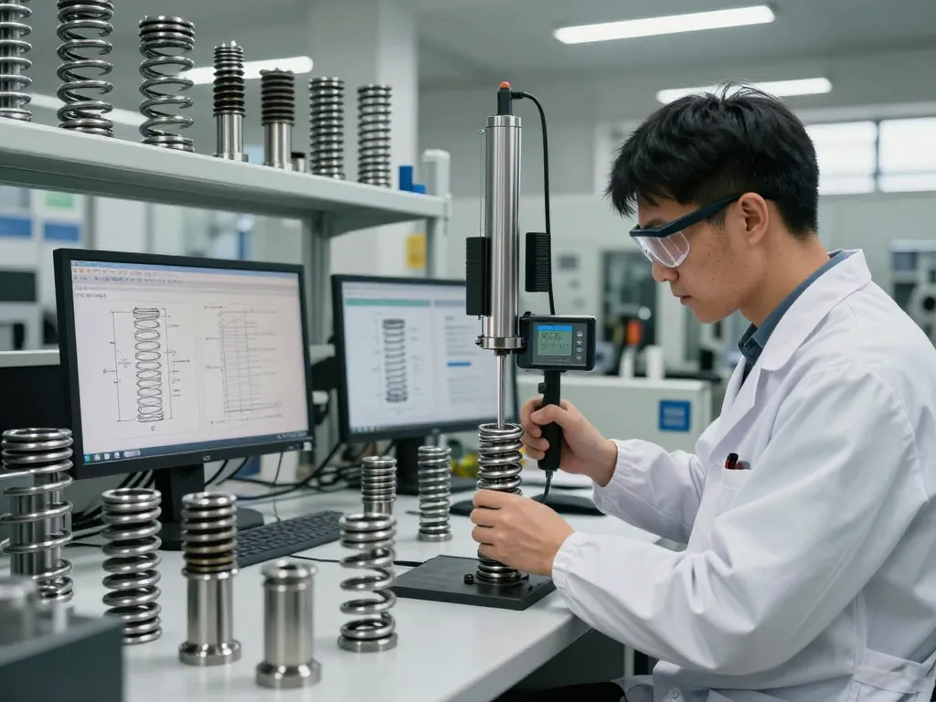 Tehnician testând arcuri ciur într-un laborator industrial, măsurând tensiunea cu un manometru digital și înconjurat de diverse tipuri de arcuri și diagrame tehnice.