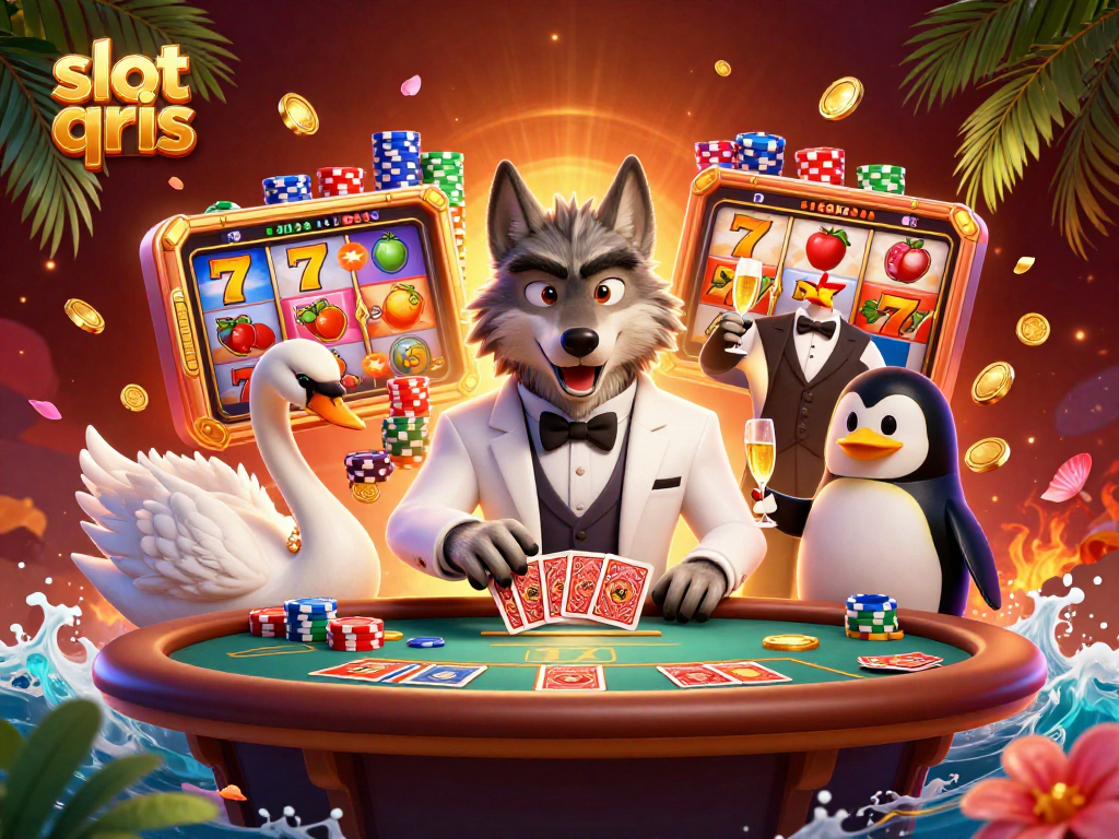 Pemain slot qris mendapatkan jackpot besar dengan karakter kartun dalam suasana kasino yang meriah.
