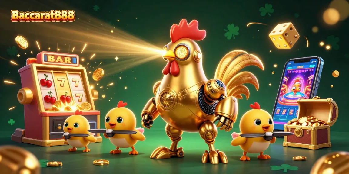 Experience Baccarat888 with thrilling gameplay as golden rooster robots and baby chick drones celebrate massive jackpots!