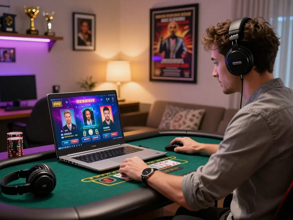 Engaged player enjoying a vibrant online baccarat site in a cozy gaming room, reflecting excitement in a modern setup.
