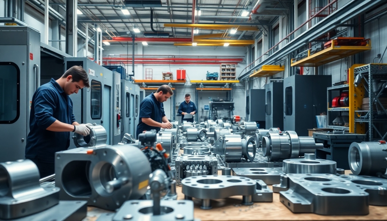 Custom part manufacturer showcasing skilled operators and CNC machinery in a bright workshop.