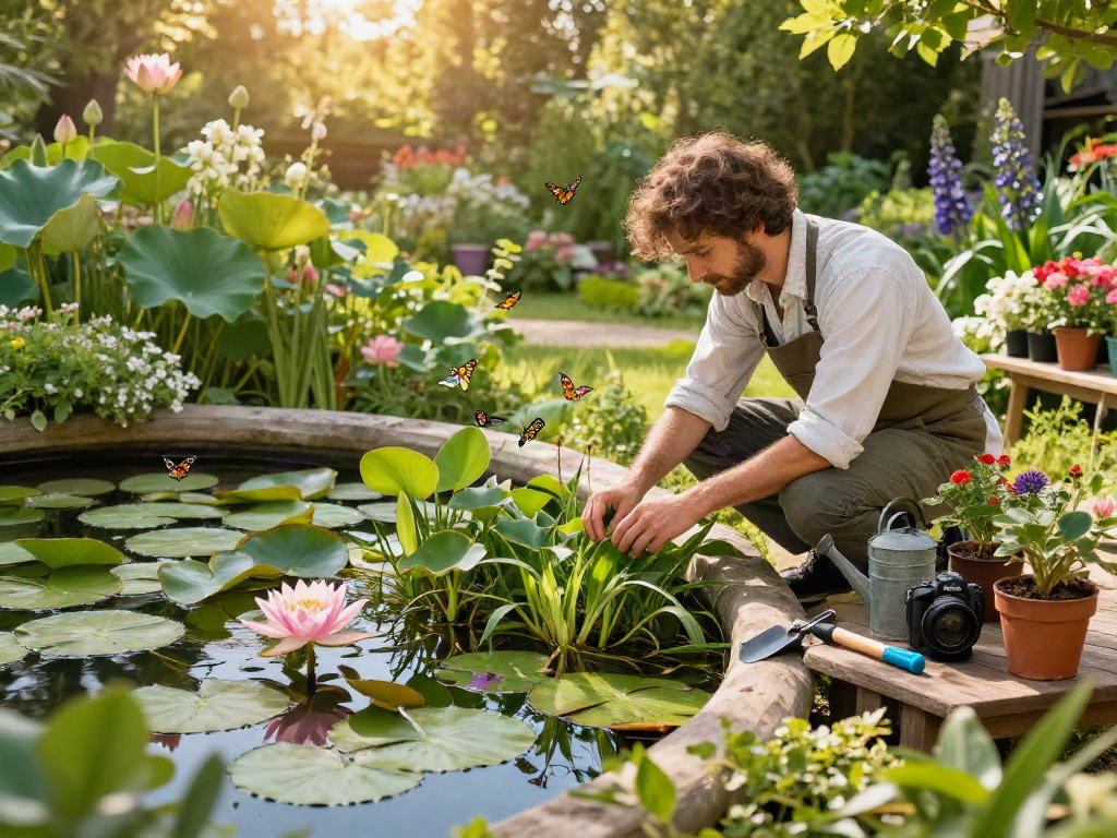 Buy Pond Plants Online with vibrant aquatic plants and a horticulturist tending to a lush garden pond.