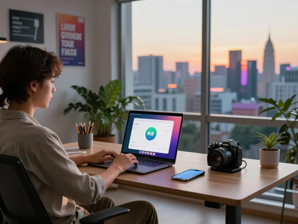 快连 app interface displayed on laptop in a cozy home office setup, showcasing tech productivity.
