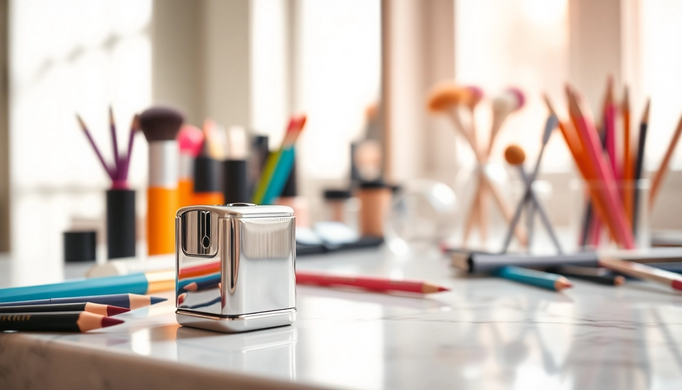 Effortlessly sharpen makeup pencils with the sleek and stylish makeup pencil sharpener on display.