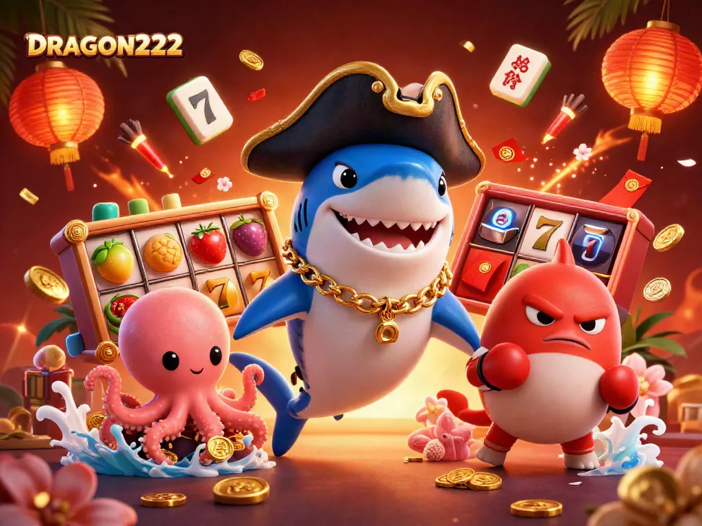 Engage with the exciting slot action of DRAGON222, featuring cartoon characters and dynamic casino elements.