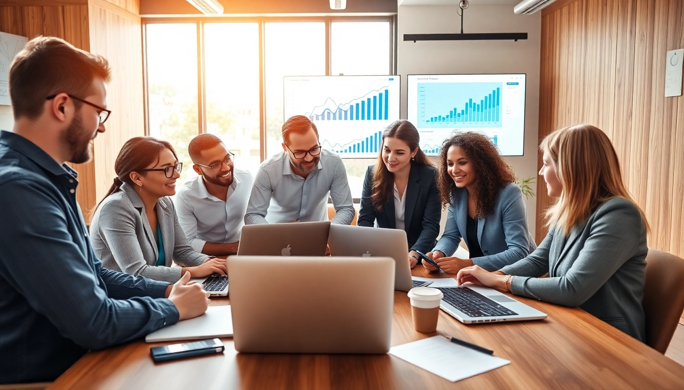 Strategie-Meeting einer seo agentur mit Fokus auf Teamarbeit und Technologie.
