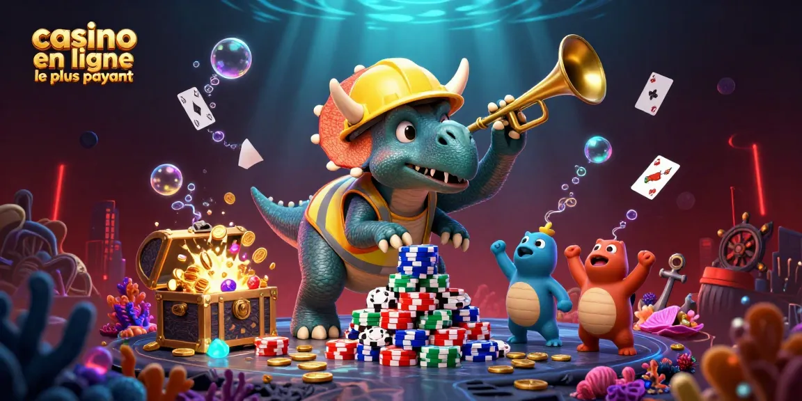 Casino en ligne le plus payant : illustration d'un triceratops construisant une pyramide de jetons de poker sous la mer.