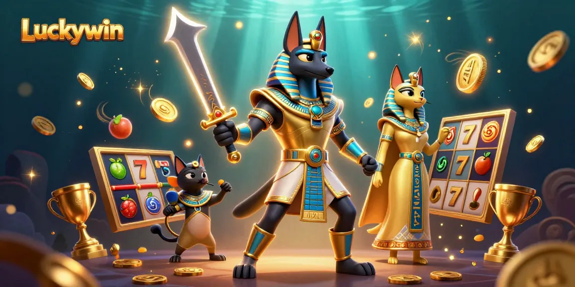 Luckywin offers an exciting scene of an Egyptian warrior and Bastet amidst rich slot game symbols.