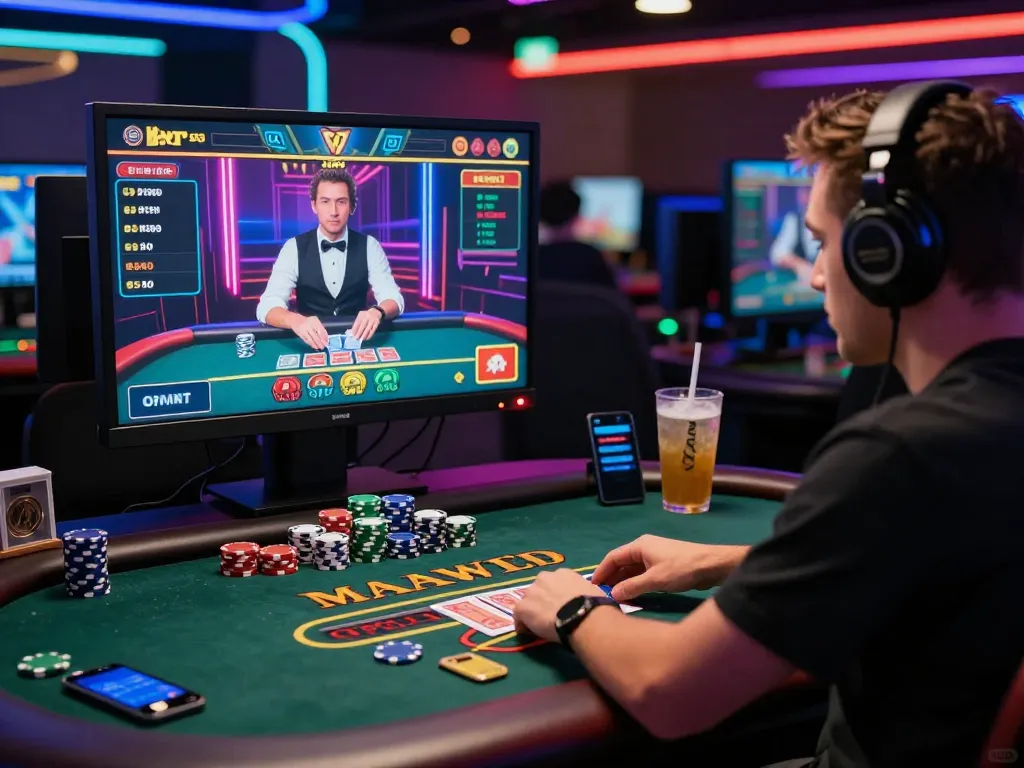 Online baccarat player immersed in live game on a digital platform with vibrant graphics and casino ambiance.