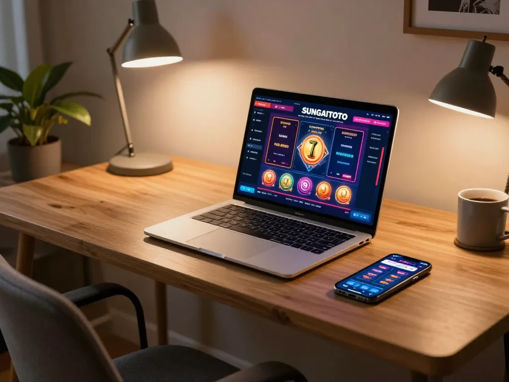 SUNGAITOTO online gaming setup with laptop and smartphone displaying betting apps in a cozy atmosphere.