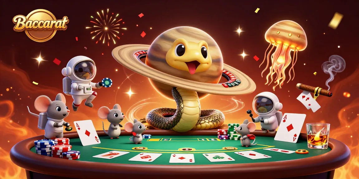 Baccarat gameplay with 3D cartoon characters at a roulette wheel and poker table, showcasing bets