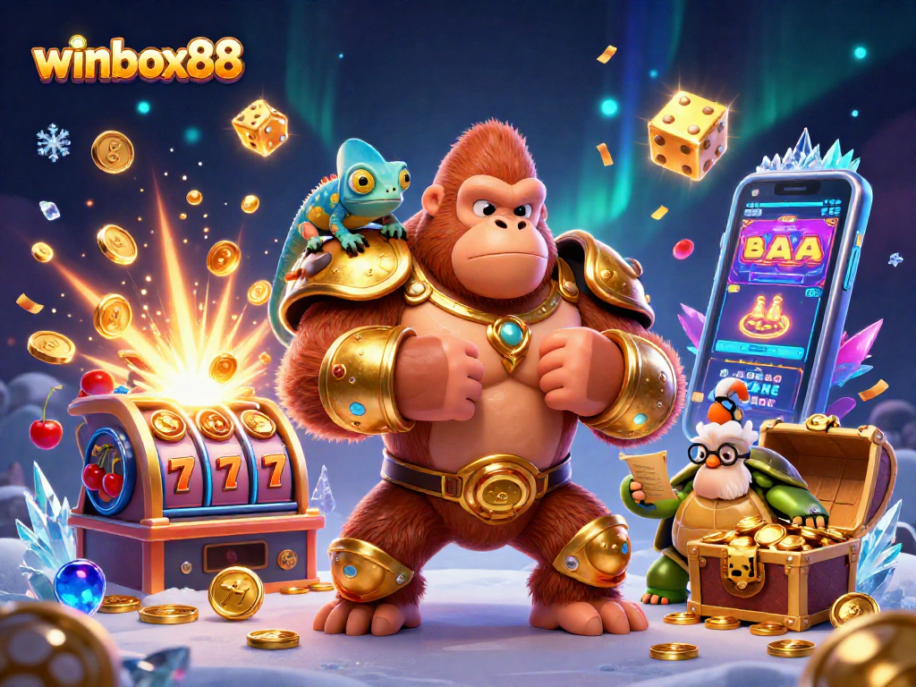 winbox88 features a powerful gorilla in golden armor surrounded by vibrant casino elements and a chameleon.