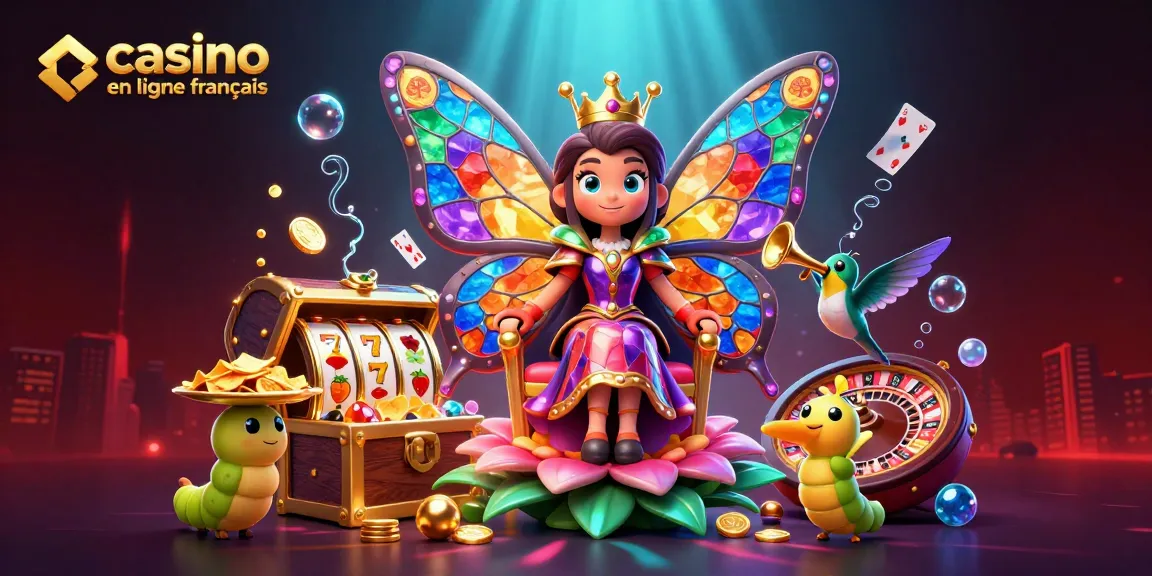 Délices du casino en ligne français avec une reine papillon au trône, des jetons en or et des rouleaux de machines à sous décorent la scène.