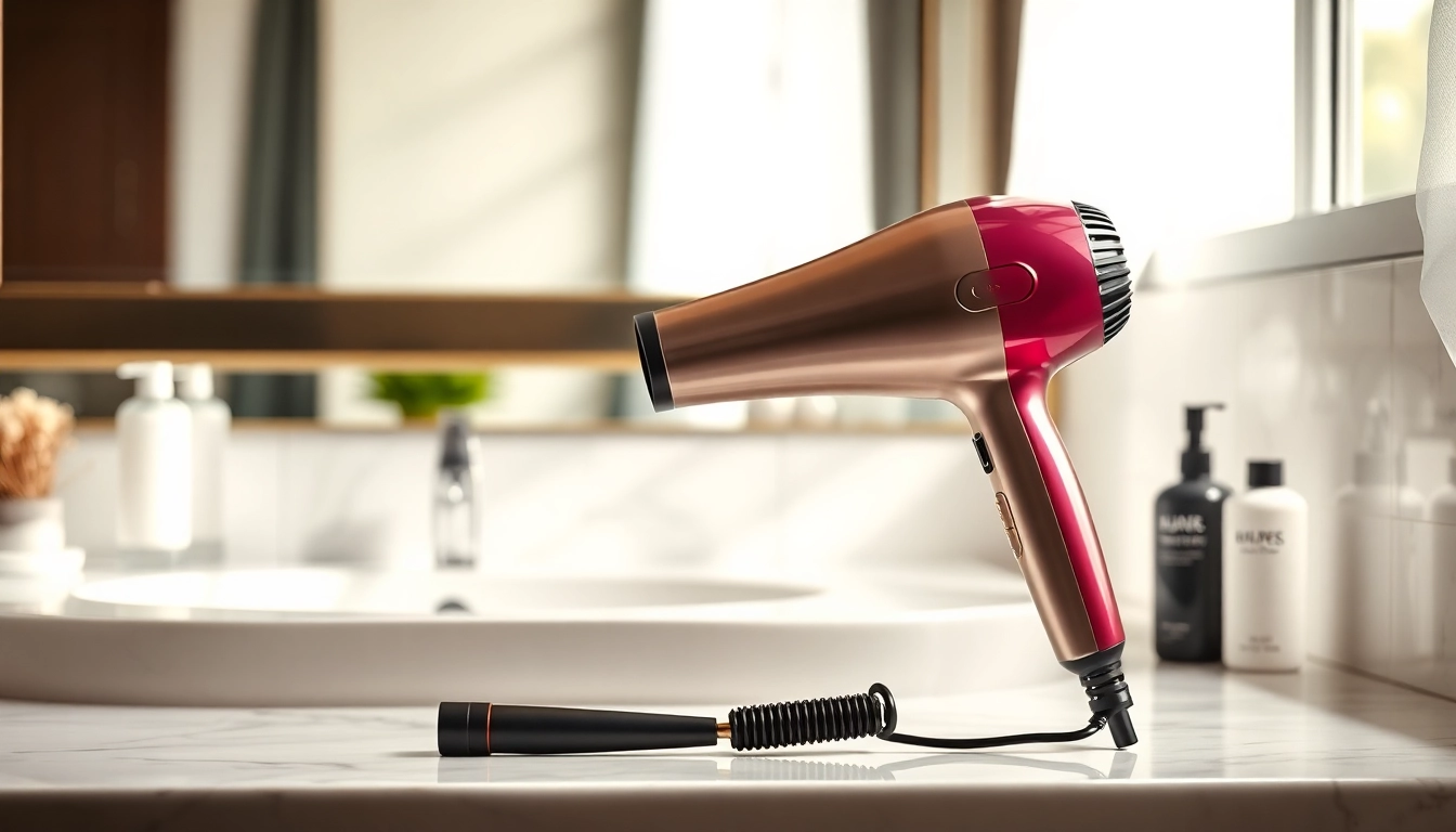 Effortlessly styling with a hair dryer for frizzy hair on a chic bathroom countertop.