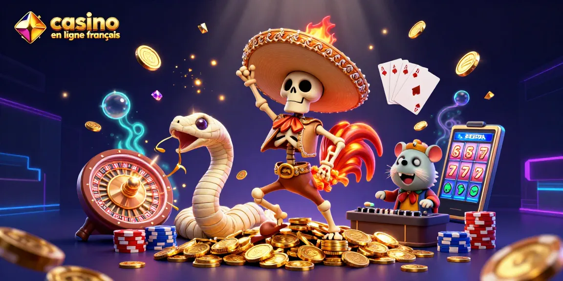 Vivez l'expérience du casino en ligne français avec des personnages vibrants dans une illustration 3D animée.