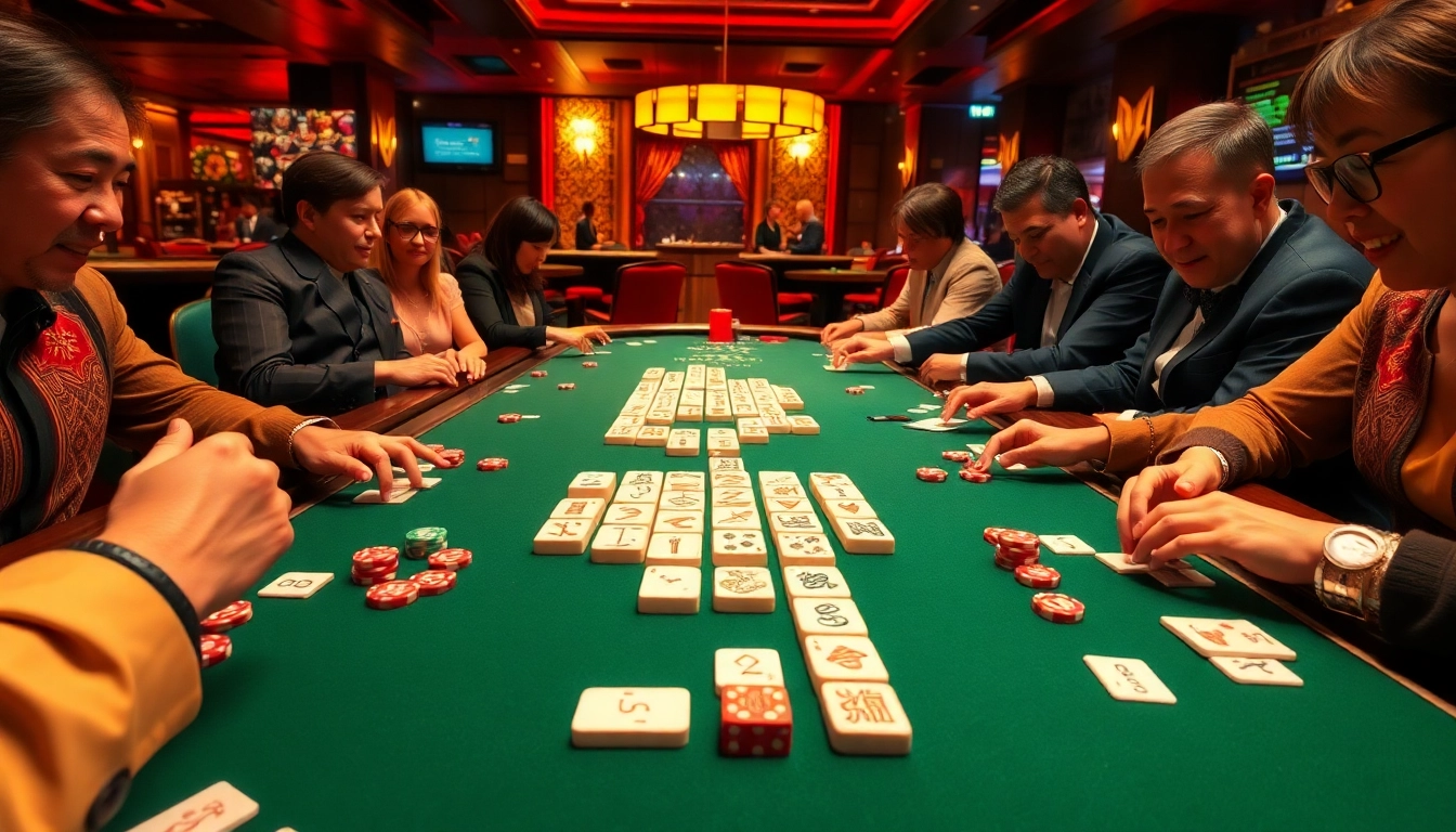 Players strategize in a thrilling Mahjong game at a casino, showcasing link mahjong amidst exciting gambling activities.