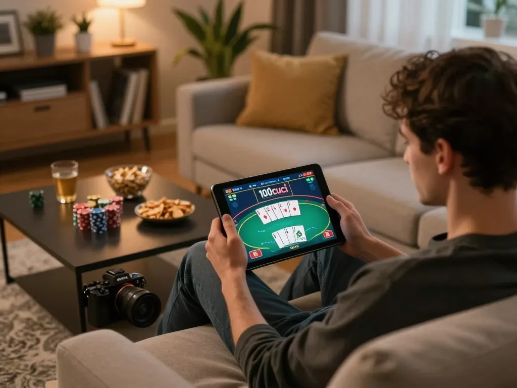 Play on 100cuci app showcasing exciting poker gameplay in a cozy home setting.