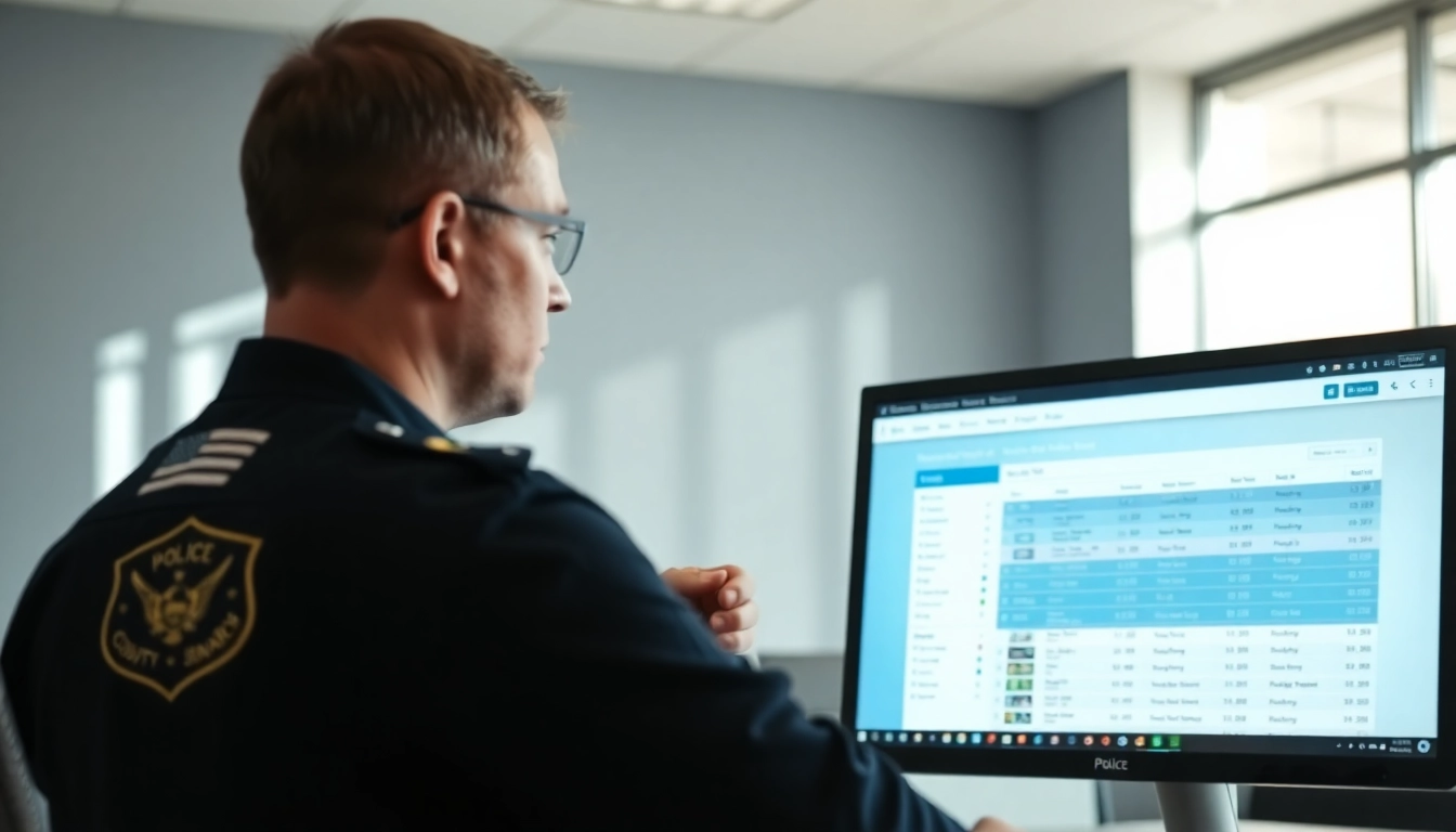 Conducting an Orange County Inmate search with police officer analyzing data on a computer.