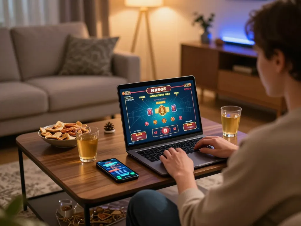 Person engaging in online gaming at KP88 with laptop and smartphone in a cozy living room setting.