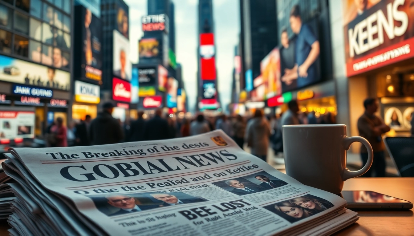 Showcasing breaking news in dynamic urban life, with newspapers and digital screens.