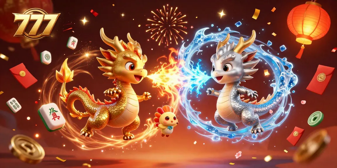 Engage with the magic of 777 in this vibrant casino illustration featuring dynamic dragons and lavish game elements.