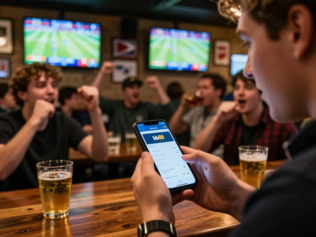 Placing bets with the hb88 app during a live sports event at a vibrant sports bar.