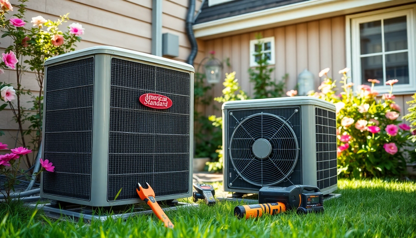Technician installing american standard heat pumps in a residential setting, highlighting quality service.