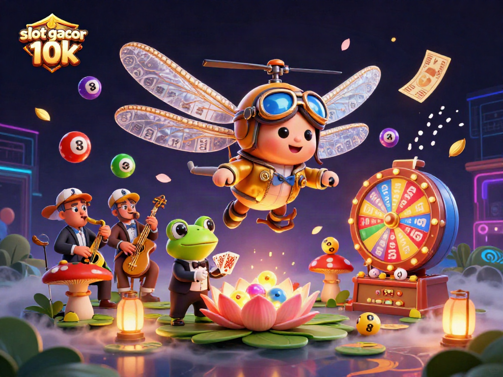 Engage with slot gacor 10k in a vibrant casino scene featuring a dragonfly pilot and a frog croupier.