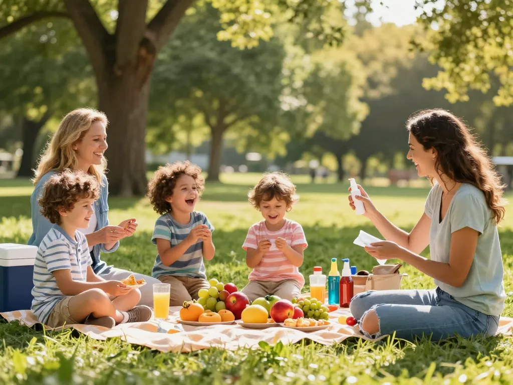 Family applying mosquito repellent while enjoying a picnic in a park, highlighting outdoor fun.