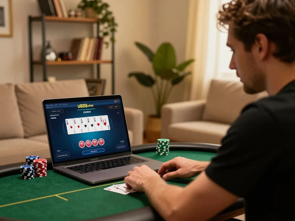 Engaging gameplay on u888poker interface from a cozy home setup, showcasing strategy and entertainment.