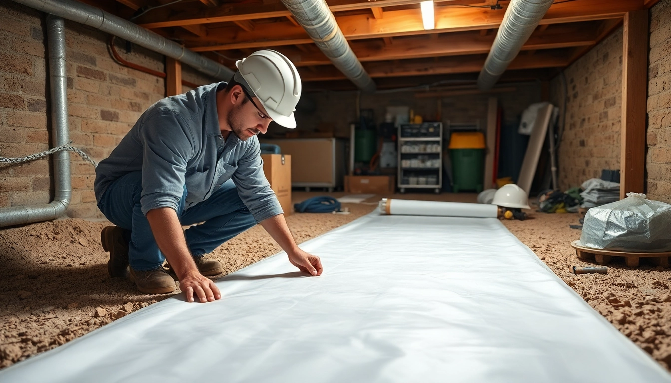 Technician demonstrating vapor barrier installation in a home crawl space.
