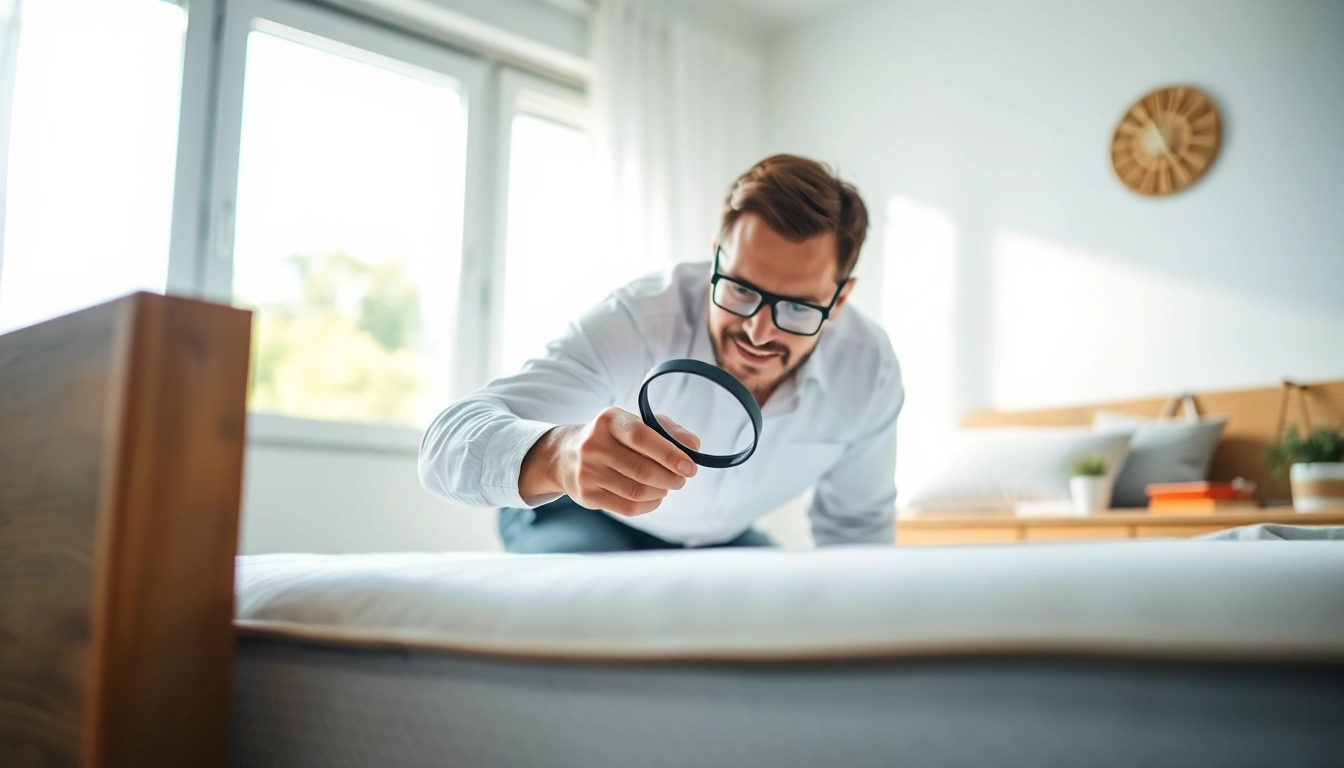 Expert milwaukee bed bug exterminators meticulously inspecting for pests in a clean residential bedroom environment.