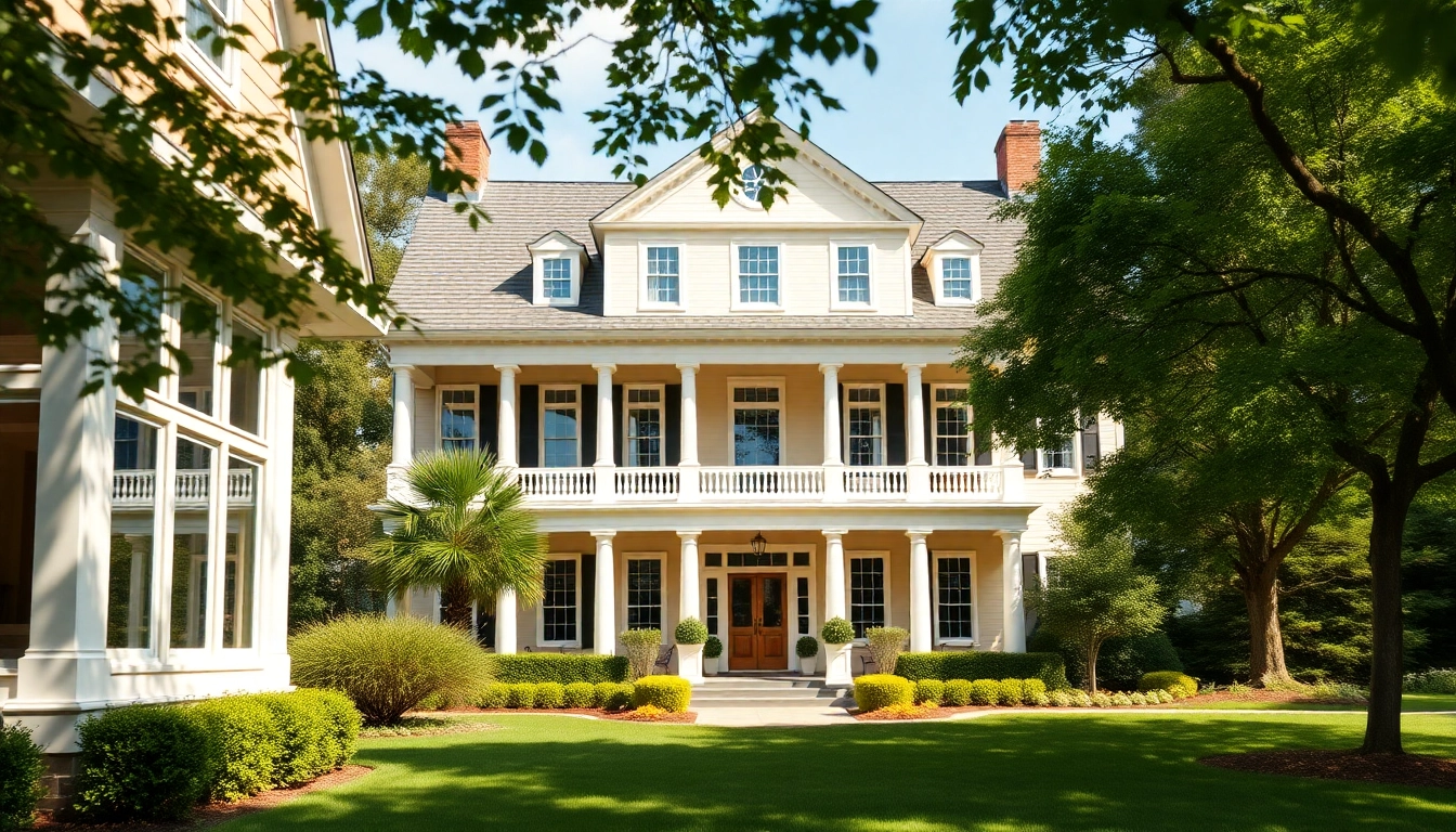 Showcasing a colonial home build with exquisite architectural details and a lush garden setting.